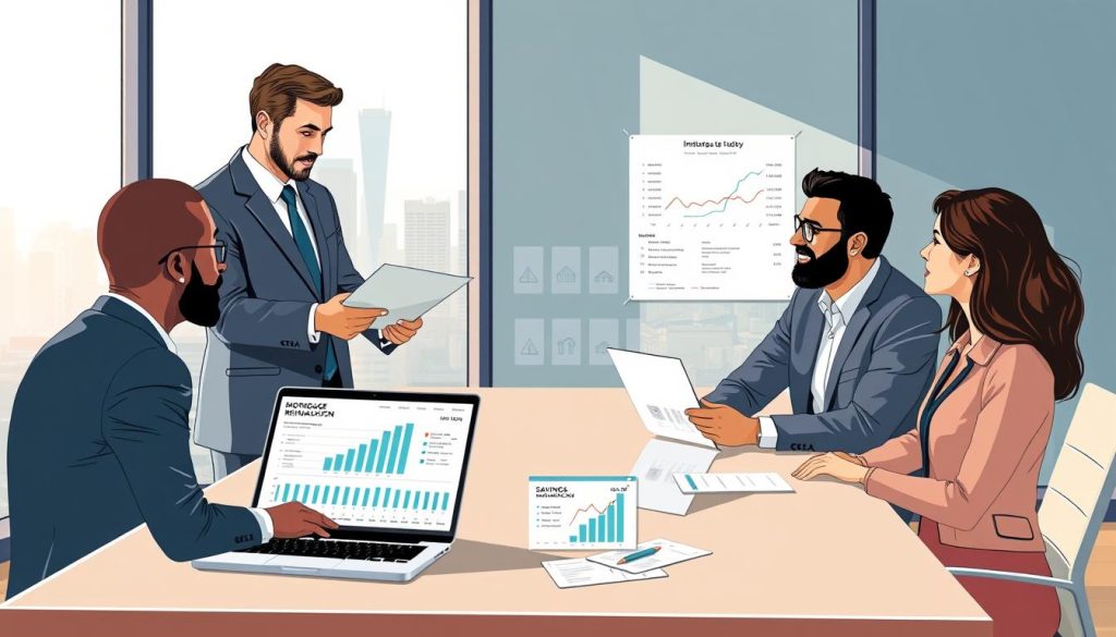 A detailed and informative illustration of the mortgage refinancing process, featuring a diverse group of professionals in a well-lit modern office setting. In the foreground, a financial advisor in a tailored suit is explaining documents to a couple seated at a sleek conference table, both dressed in smart casual attire. In the middle, various charts and graphs are visible on a laptop screen, showcasing interest rate comparisons and savings projections. The background features a large window with a view of a city skyline under bright, natural light, creating an atmosphere of optimism and professionalism. The scene evokes a sense of trust and clarity, inviting viewers into the refinancing journey, with a focus on teamwork and informed decision-making.