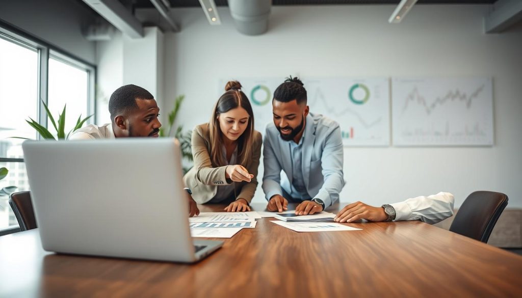 A professional business setting depicting a diverse group of four adults engaged in a discussion around a large conference table, reviewing documents and digital charts related to mortgage refinancing. The foreground features a laptop displaying graphs and charts, symbolizing market conditions and interest rates. In the middle, the individuals—two men and two women dressed in smart casual attire—are analyzing the data, pointing at the screen and discussing strategies. The background shows a bright, modern office with large windows letting in natural light, plants for a touch of warmth, and financial graphs on the walls, enhancing the atmosphere of professionalism and collaboration. The mood is focused and collaborative, highlighting the importance of timing in mortgage refinancing decisions.