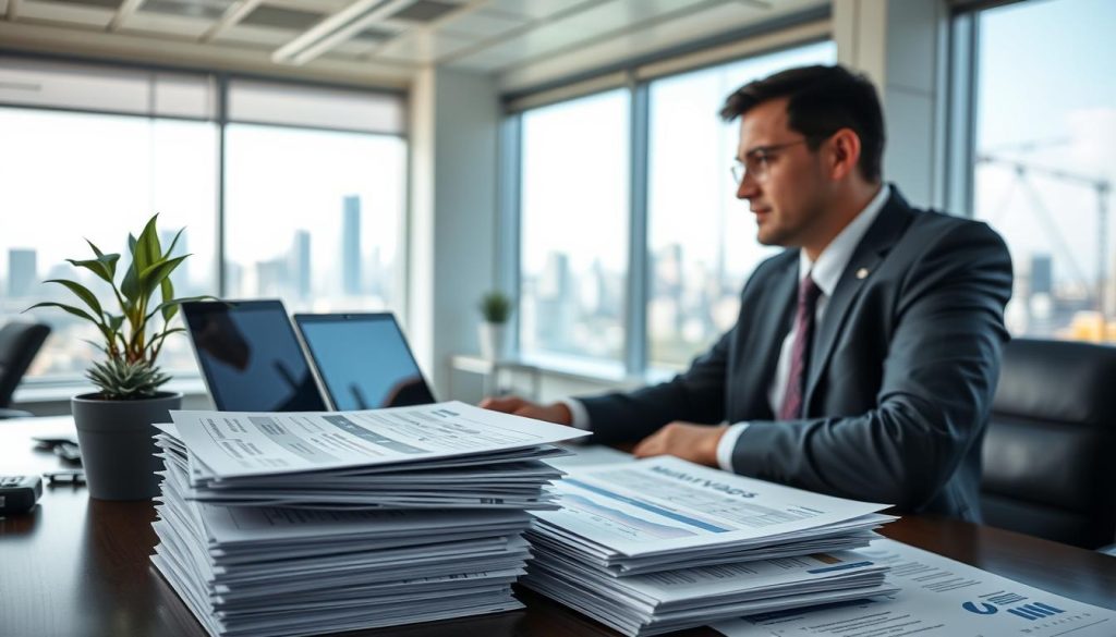 A professional financial advisor in a smart business suit, sitting at a desk stacked with paperwork related to jumbo mortgage qualifications. In the foreground, there are documents with charts and graphs showing income levels, credit scores, and property valuations. The middle layer features a laptop displaying a mortgage calculator, alongside a potted plant for a touch of warmth. In the background, a modern office with large windows letting in natural light, offering a view of a city skyline. The atmosphere is focused and professional, indicating serious financial discussions. The lighting is soft and bright, enhancing a sense of clarity and transparency in the qualification process. The camera angle is slightly elevated, providing a comprehensive view of the desk and its contents.