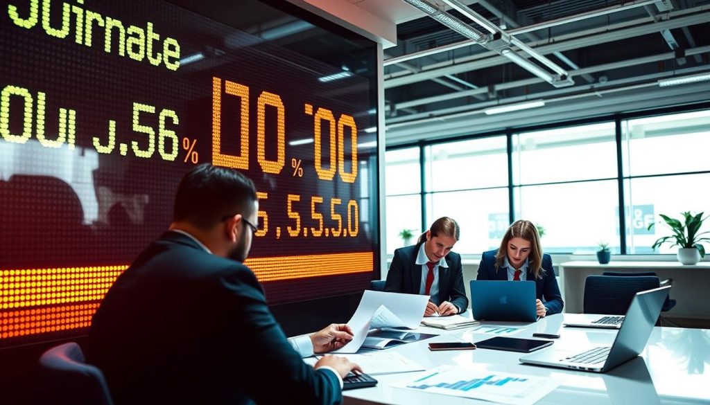 A visually striking representation of jumbo mortgage loan interest rates, featuring a large, imposing digital display board with fluctuating interest rate numbers in bold, vibrant colors. In the foreground, a focused view of professional figures in business attire, closely examining financial documents and graphs, with expressions of concentration and determination. In the middle ground, a sleek conference table is adorned with laptops and financial calculators, while overhead lighting casts a bright, inviting glow, creating an atmosphere of productivity and focus. The background shows a modern office environment with large windows allowing natural light to filter in, highlighting the importance of financial decisions in a contemporary business setting. The overall mood is serious yet optimistic, reflecting the significance and potential rewards of jumbo mortgage loans.