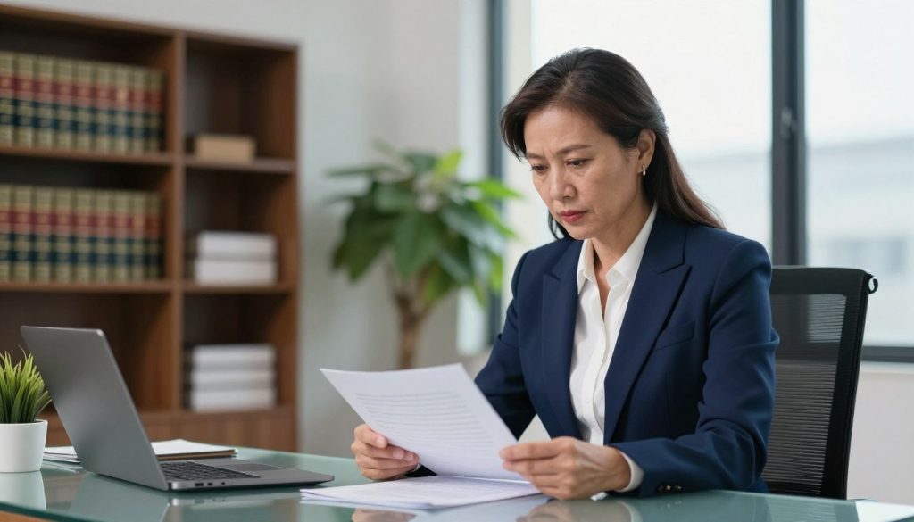 A confident workplace harassment attorney, a middle-aged woman of Asian descent, stands in a modern office environment. She is dressed in a tailored navy blue business suit, with a crisp white blouse. In the foreground, she is seated at a sleek glass desk, reviewing legal documents, her expression focused and determined. In the middle ground, bookshelves filled with legal texts and a potted plant add to the professionalism of the setting. The background features large windows with natural light flooding in, creating a warm and inviting atmosphere. The lighting is bright but soft, emphasizing her commitment to advocacy and support. The mood is serious yet hopeful, illustrating the strength and resilience needed to confront workplace discrimination.
