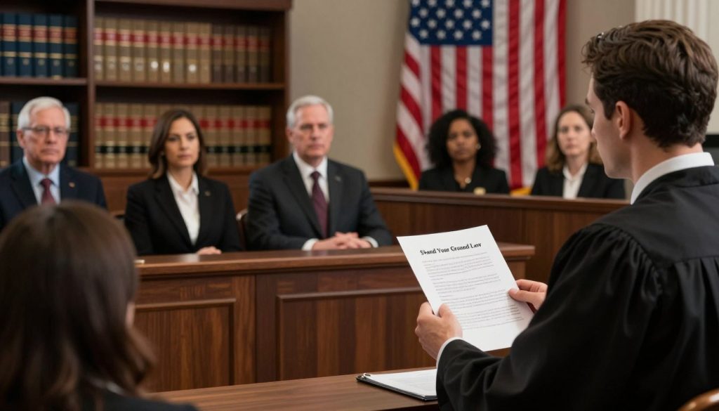 A courtroom scene with a judge presiding, surrounded by lawyers and jurors, all dressed in professional attire. In the foreground, a lawyer passionately presenting a case about the "Stand Your Ground Law," holding a legal document in one hand, gesturing with the other. The middle ground features attentive jurors, their expressions serious as they listen intently. The background reveals bookshelves filled with law books and a large American flag behind the judge, symbolizing justice. The lighting is warm and focused, highlighting the lawyer while casting softer shadows in the background. The atmosphere is tense yet respectful, embodying the gravity of self-defense laws and legal proceedings. The image should evoke a sense of deliberation and importance.