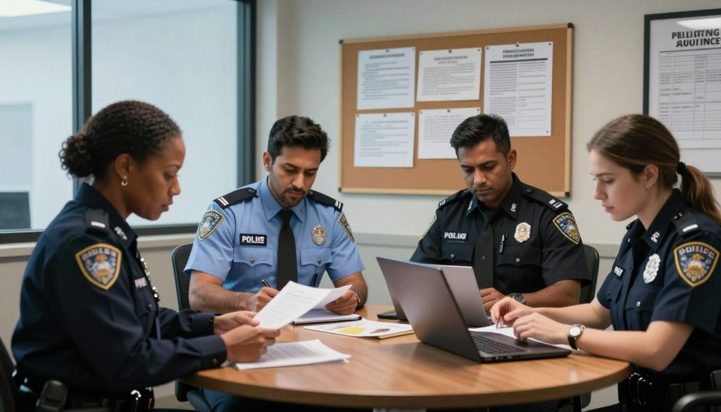 A detailed and professional scene depicting the police oversight procedures in an investigation room, focusing on a round table occupied by three individuals in professional attire. The foreground captures a diverse group of professionals, including a middle-aged Black woman reviewing documents, a South Asian man taking notes, and a Caucasian woman examining evidence on her laptop. In the middle ground, a corkboard displaying pinned complaints and a policy manual is visible, emphasizing the investigative process. The background features a glass window, allowing soft, natural light to illuminate the room, setting a serious yet hopeful atmosphere. The color palette should primarily use cool tones, with shadows adding depth to the scene, enhancing the gravity of the police misconduct investigations. The image must convey seriousness, professionalism, and collaboration without any text or markings.