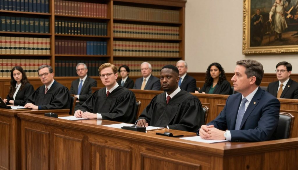A detailed courtroom scene focusing on the concept of qualified immunity, featuring a group of diverse judges (Caucasian, African American, Hispanic) seated at a large, polished wooden bench, wearing black judicial robes. In the foreground, a well-dressed attorney (in a navy suit) passionately presenting a case. The middle ground shows a packed courtroom with a mix of concerned onlookers and eager law students taking notes. In the background, tall, elegant bookshelves filled with legal texts and statutes loom, with soft, warm lighting creating an inviting atmosphere. A subtle historical painting relevant to justice hangs on the wall, evoking a sense of gravity and importance. The mood is serious and contemplative, capturing the weight of Supreme Court decisions. The camera angle is slightly low, giving prominence to the judges.