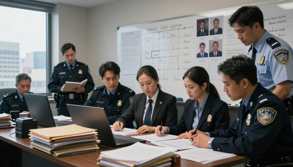 A detailed scene capturing the police misconduct investigation process. In the foreground, a diverse team of investigators, dressed in professional business attire, analyze evidence in a cluttered office filled with folders and case files. The middle ground shows a large whiteboard filled with notes, timelines, and photographs of the involved parties, symbolizing the complex investigation. In the background, a window reveals a cityscape under gray skies, adding a somber mood to the scene. Soft, diffused lighting creates an atmosphere of seriousness and diligence. The angle should be slightly tilted downward, focusing on the investigators’ engaged expressions as they collaborate.