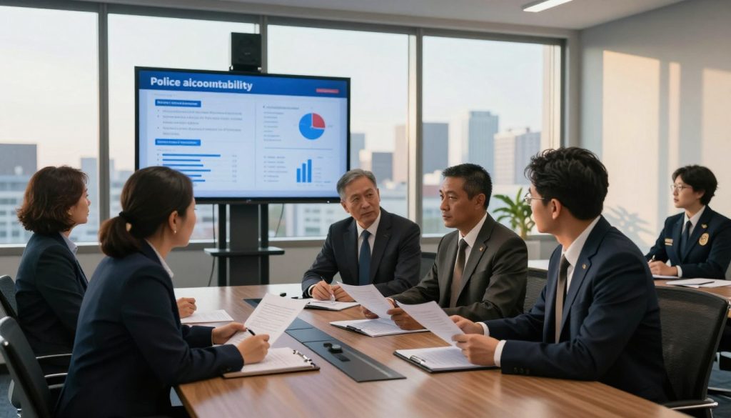 A diverse group of professionals assembled in a modern conference room, symbolizing oversight of law enforcement agencies. In the foreground, three individuals in professional business attire discuss important documents, emphasizing collaboration. The middle ground shows a digital screen displaying statistics on police accountability and reform initiatives, highlighted in soft blue lighting. The background features a large window with a view of a cityscape, bathed in warm afternoon sunlight. The atmosphere conveys serious determination and hope for change, creating a sense of purpose and accountability. Use a wide-angle lens for an expansive view, capturing both the intensity of the meeting and the inspiring urban backdrop.