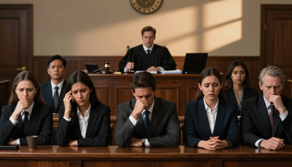 A dramatic courtroom scene depicting various forms of constitutional rights violations. In the foreground, a tense group of diverse individuals in professional business attire (men and women of different ethnicities) express concern and frustration. The middle ground features a judge, with a gavel raised, surrounded by legal documents symbolizing the struggle for justice. The background reveals a dimly lit courtroom where shadows play across the walls, conveying a sense of urgency and conflict. Use warm, moody lighting to highlight the seriousness of the situation, casting soft shadows that evoke a somber atmosphere. Capture the scene with a slightly low-angle shot to emphasize the weight of the judicial power and the anxiety of the individuals impacted by these violations.
