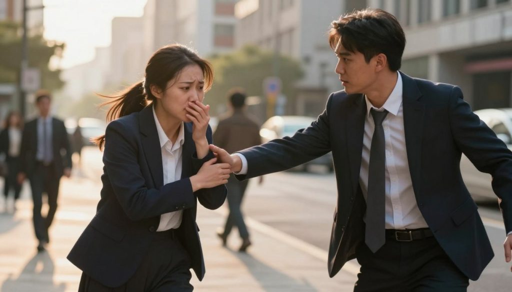 A dramatic scene depicting the concept of the "Defense of Others Law". In the foreground, two individuals in professional business attire are seen intervening in a tense situation, with one person reaching out protectively to another who appears to be distressed. The middle ground includes a blurred background of a city street, hinting at an urban environment where the action unfolds. Soft but focused lighting illuminates the faces of the interveners, highlighting their determination and urgency. The atmosphere is tense yet empowering, with a warm golden hour glow casting long shadows, signifying both urgency and hope in protecting a vulnerable individual. A wide-angle perspective captures the essence of the scene, enhancing the feelings of movement and urgency.
