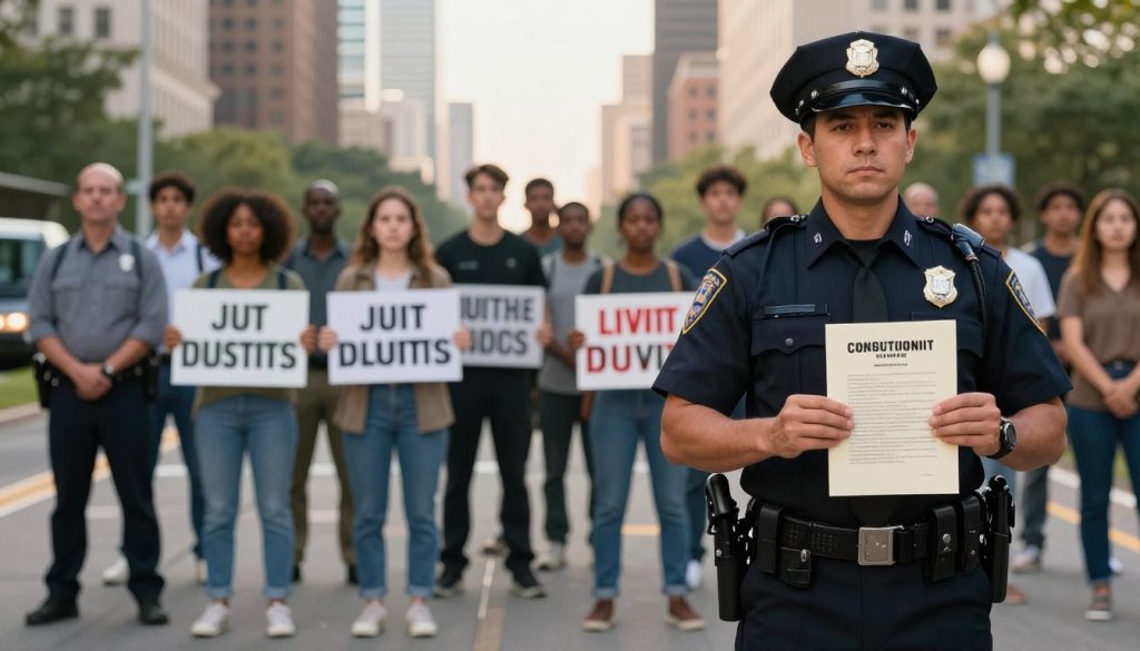 A dramatic scene illustrating the concept of constitutional limits on police force. In the foreground, a police officer in professional attire stands upright, expressing a sense of duty, while holding a constitution document prominently in one hand. In the middle ground, a diverse group of citizens representing various backgrounds stands in peaceful protest, holding placards advocating for justice and accountability. In the background, a well-lit cityscape creates a sense of urban life, with soft, warm lighting to evoke hope. The composition captures the tension between authority and citizens’ rights, suggesting balance and order amid a powerful message. The atmosphere should feel respectful yet assertive, emphasizing the importance of constitutional protections without depicting violence or conflict.