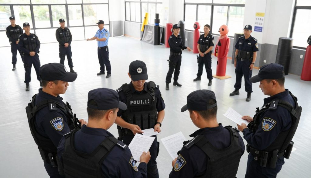 A dynamic law enforcement training program in action, with a diverse group of officers engaged in a simulated scenario. In the foreground, a group of four officers, dressed in professional tactical gear, reviews guidelines together, concentrating intently on their roles. In the middle ground, a training instructor guides another group as they practice de-escalation techniques, demonstrating effective communication and restraint tactics. The background features a training facility equipped with various props, such as barriers, training dummies, and situational signage, all under bright, natural lighting. The scene conveys a serious yet collaborative atmosphere, emphasizing the importance of effective training in law enforcement. The angle is slightly elevated, capturing both the instructors and trainees and showcasing the interactive nature of the training.