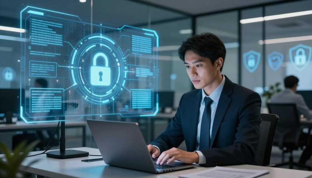 A modern office environment illustrating the concept of digital privacy protection. In the foreground, a confident business professional in formal attire studies a laptop screen, illuminated by soft, ambient lighting. The middle layer features a large digital screen displaying abstract representations of data encryption and cybersecurity, with lock icons and binary code floating subtly. In the background, a sleek, glass-walled office filled with tech gadgets and security symbols, such as shields and padlocks. The atmosphere exudes a sense of vigilance and empowerment, emphasizing the importance of safeguarding personal information in a digital age. The scene is captured from a slightly elevated angle to provide depth and focus on the subject's engaged expression.