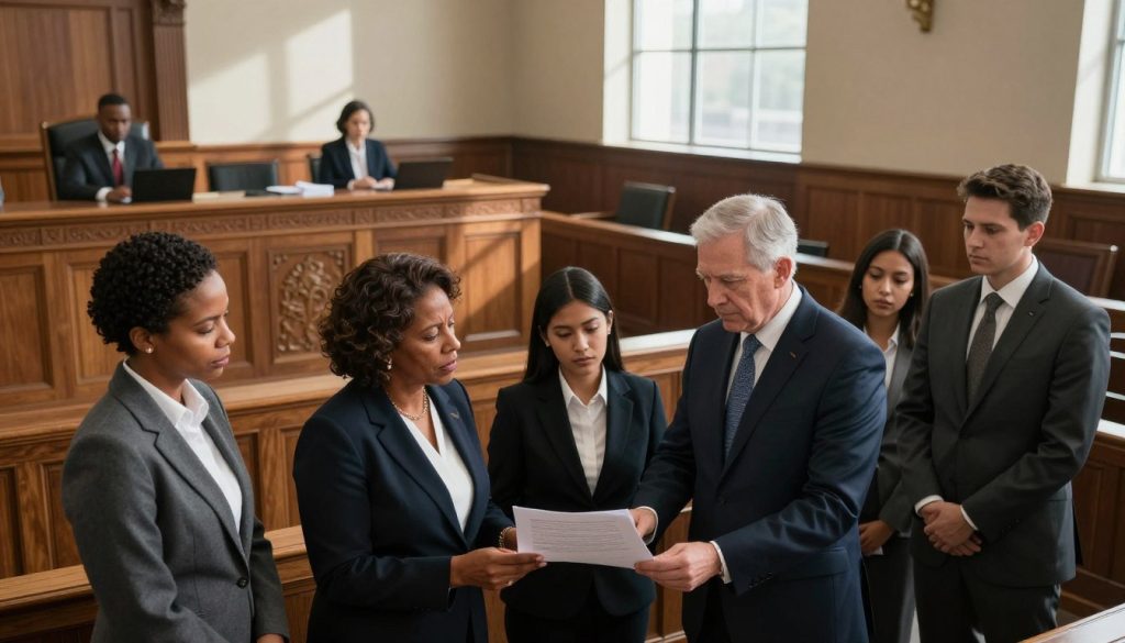 A powerful scene that captures the essence of landmark civil rights lawsuits, set in a courthouse. In the foreground, a diverse group of individuals, including a middle-aged Black woman, a young Latina man, and an older White man, all dressed in professional business attire, look determined as they discuss legal documents. In the middle ground, a grand courtroom, with wooden benches and intricate architectural details, highlighting judicial symbolism. The background features a large window, allowing soft sunlight to filter through, illuminating the room and casting dramatic shadows. The atmosphere is intense yet hopeful, reflecting the fight for justice. Use a high angle perspective to emphasize the importance of the moment, conveying a sense of gravitas and inspiration.