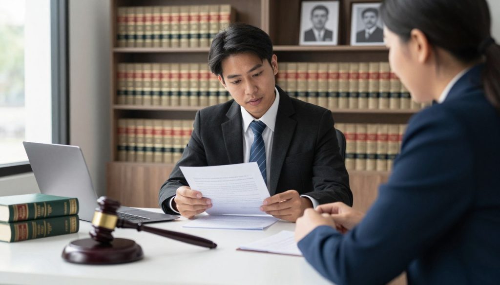A professional civil rights attorney, dressed in business attire, sits at a modern desk in a well-lit office, examining legal documents. The foreground features a close-up of a gavel and law books, symbolizing justice and the legal system. In the middle, the attorney is focused and engaged, perhaps discussing details with a client, who is seated across from them, dressed in smart casual attire, conveying a sense of partnership and trust. The background showcases a large bookshelf filled with legal texts and framed civil rights achievements, enhancing the atmosphere of expertise and dedication. Soft natural light streams through a window, casting gentle shadows and creating a warm, inviting mood, emphasizing the importance of finding the right attorney in civil rights cases.