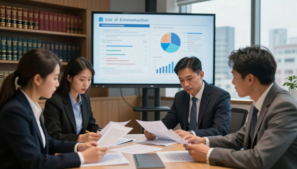 A professional evaluation scene depicting a group of individuals in a modern conference room analyzing a force incident report. In the foreground, a diverse group of three professionals, dressed in business attire, is intently reviewing documents on a large table. The middle ground features a large projection screen displaying graphical data and charts related to use-of-force evaluation metrics. The background reveals shelves filled with legal books and a large window showing a cityscape, illuminated by soft, natural daylight. The atmosphere is serious and focused, emphasizing the importance of thorough documentation and analysis. Capture this scene from a slightly elevated angle, with warm, even lighting to enhance the professional mood, ensuring clarity and attention to detail in facial expressions and document content.