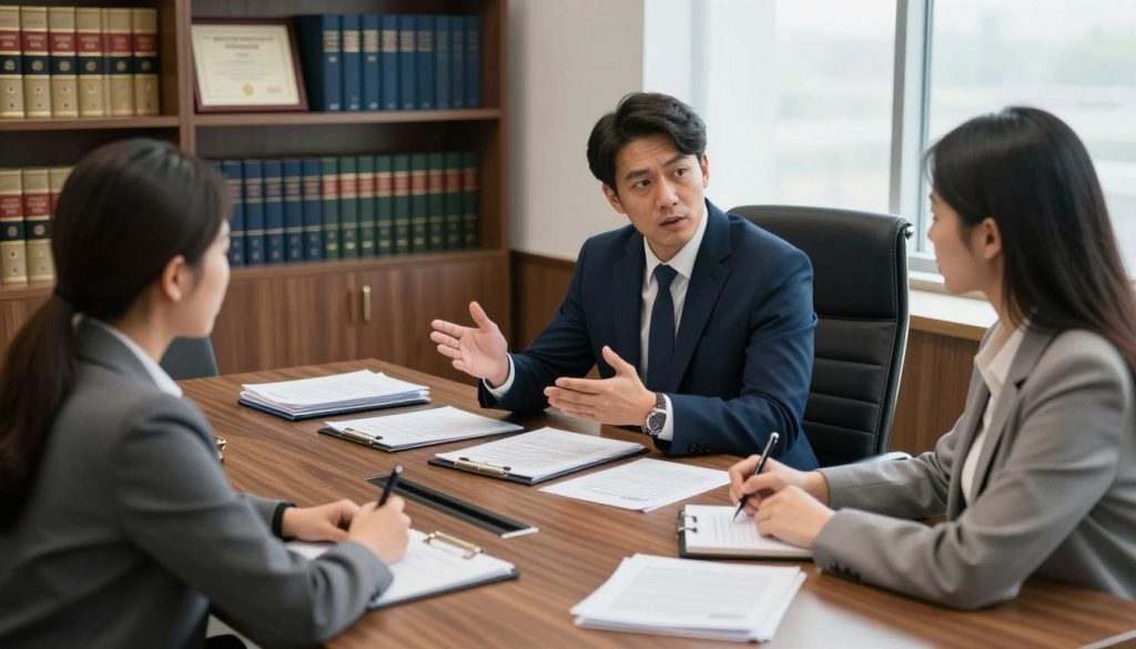 A professional lawyer and a client sitting at a large wooden conference table in a modern law office, surrounded by files and legal documents related to excessive force civil litigation. The lawyer, dressed in a sharp navy suit, gestures confidently while explaining the litigation process, their expression serious yet supportive. The client, wearing business casual attire, appears attentive and engaged, taking notes on a notepad. In the background, shelves filled with law books and framed legal certificates decorate the office, and a large window allows soft, natural light to illuminate the scene. The atmosphere conveys a sense of determination and professionalism, emphasizing the importance of navigating the legal process successfully in an excessive force case. Use a slightly elevated angle to represent the environment and create depth.