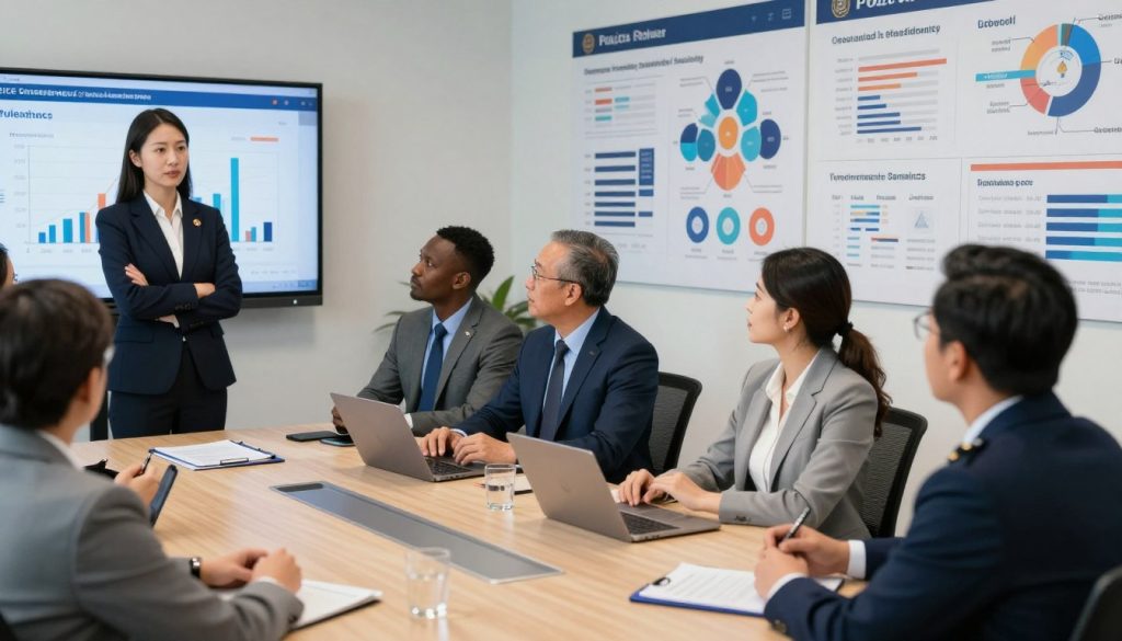 A professional meeting room focused on police transparency standards, featuring a diverse group of individuals in professional business attire. In the foreground, a confident woman of Asian descent stands near a large screen displaying graphs and data analytics related to police accountability. In the middle, a group of individuals, including a Black man and a Hispanic woman, engage in discussion, all showing expressions of determination and collaboration. The background displays a wall of infographics illustrating police transparency initiatives and data systems. Soft, natural lighting illuminates the room, enhancing a mood of optimism and professionalism. The scene is shot from a slightly elevated angle to capture the active dialogue and engagement among the participants, emphasizing a commitment to reform and accountability.