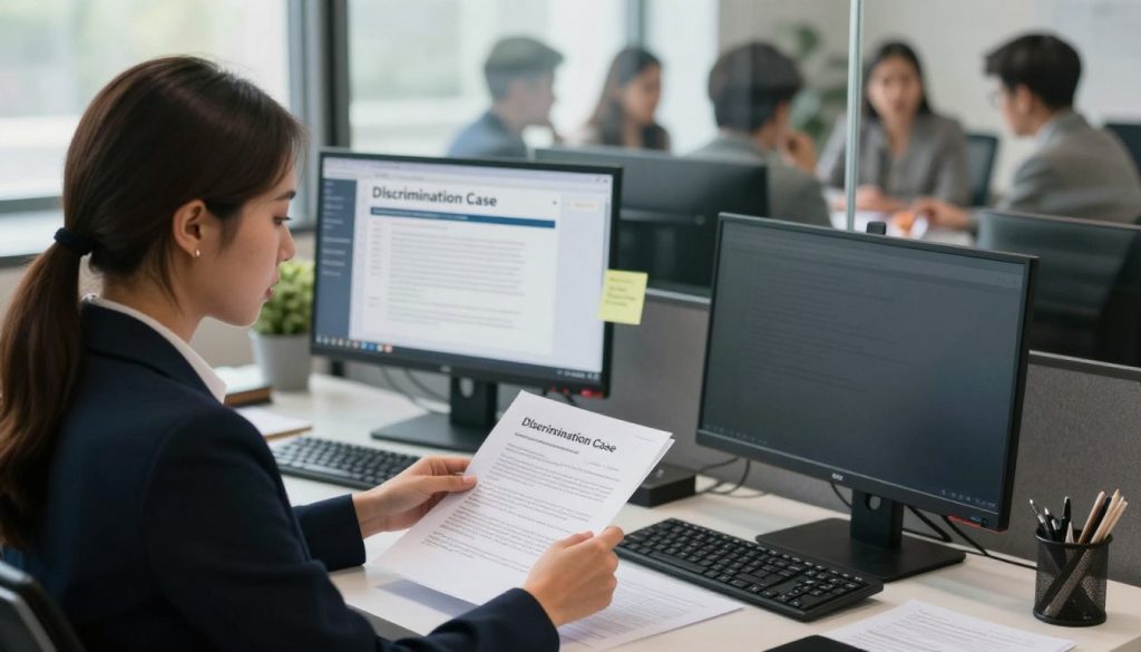 A professional office setting, focused on a person documenting workplace discrimination. In the foreground, a young woman in business attire is seated at a desk, meticulously organizing documents related to her case, showcasing notes and typed reports. The middle ground features a computer screen displaying a digital file titled "Discrimination Case," with a few sticky notes for reminders. In the background, a diverse team of colleagues can be faintly seen through a glass partition, engaged in discussions, symbolizing unity amidst challenges. Soft, natural light streams in from a nearby window, creating a calm and focused atmosphere, emphasizing the seriousness of the task at hand. The angle is slightly overhead, capturing the subject's concentration while highlighting the environment. The mood is determined and professional.