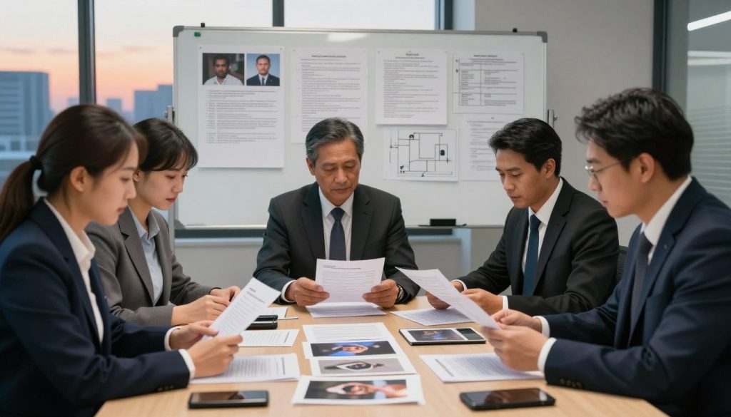 A professional setting focused on evidence collection for police accountability litigation. In the foreground, a diverse team of three professionals in business attire examines various types of evidence: photographs, documents, and digital devices, all meticulously arranged on a conference table. The middle ground features a whiteboard filled with case notes and diagrams, indicating a thorough investigative process. In the background, a window reveals a city skyline at dusk, casting a soft orange glow that enhances the serious yet hopeful atmosphere. Soft, focused lighting highlights the details of the evidence while maintaining a respectful tone. Capture this scene from a slightly elevated angle, emphasizing collaboration and dedication to building a strong case.