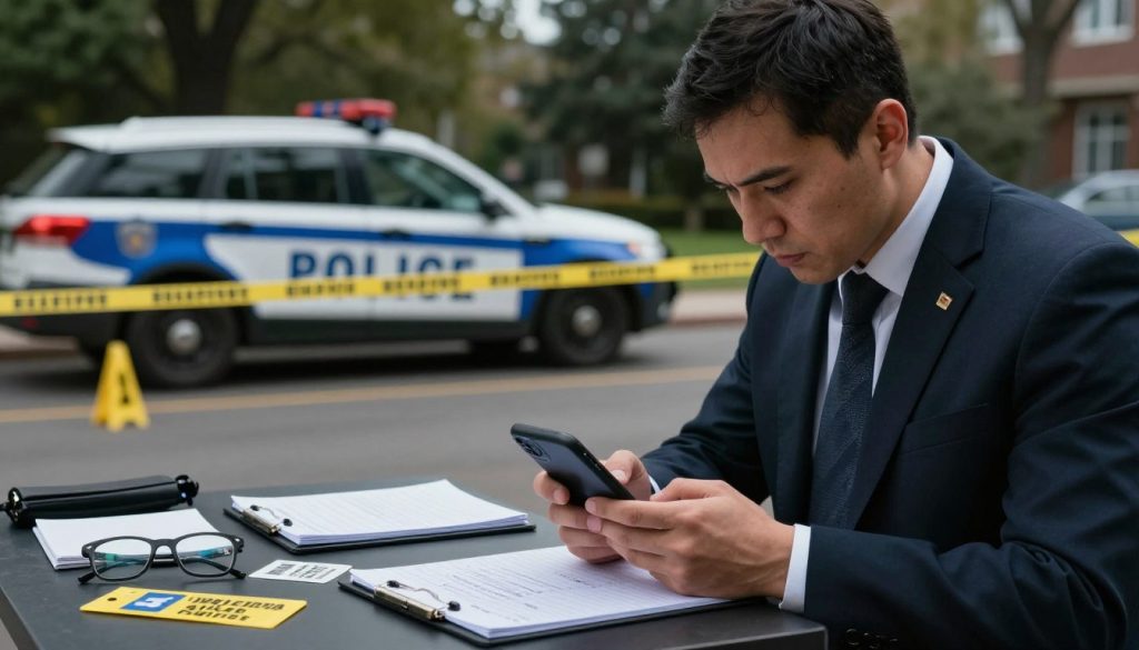 A serious scene depicting the collection of evidence in an excessive force case. In the foreground, a professional investigator in business attire meticulously examines a smartphone, capturing relevant videos and photos, their focused expression conveying diligence. The middle ground shows a crime scene with marked evidence points, including various items such as a notepad, broken glasses, and evidence tags. Behind them, a police vehicle and discreetly placed forensic markers indicate an ongoing investigation. The environment is somber with muted colors, illuminated by soft, diffused natural light filtering through nearby trees, suggesting a thoughtful atmosphere. The focus is sharp on the evidence collection process, emphasizing the importance of preserving critical evidence.