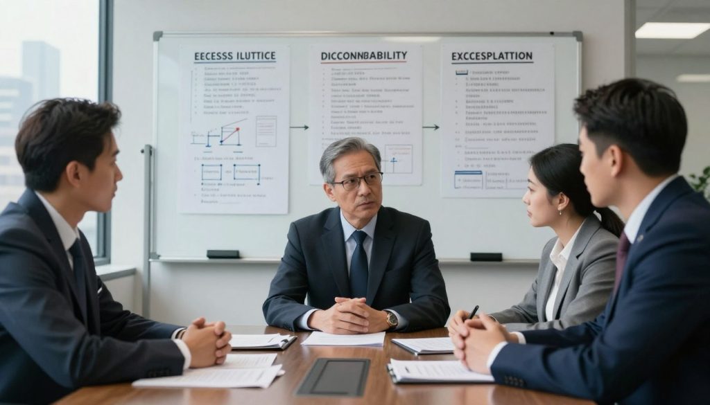 A somber and reflective scene depicting an office environment focused on police accountability litigation. In the foreground, a diverse group of three professionals—two men and one woman—are seated around a conference table, engaged in serious discussion, dressed in smart business attire. Papers and legal documents are spread across the table, highlighting aspects of excessive force cases. The middle ground shows a large whiteboard filled with key phrases and diagrams categorizing police misconduct cases. In the background, a subtle image of a city skyline through a large window emphasizes the connection to law enforcement. Soft, diffused lighting casts an even glow over the scene, creating an atmosphere of urgency and determination. The focus is on professionalism and the importance of justice.