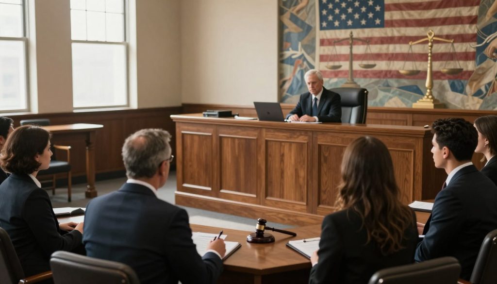 A somber courtroom scene capturing the essence of law enforcement accountability. In the foreground, a diverse group of individuals in professional business attire, looking resolute as they consult with an attorney. In the middle, a large wooden judge's bench stands imposing, with a gavel resting on it, symbolizing justice. The background features a mural depicting the scales of justice and the American flag, emphasizing the legal context. Soft, natural lighting filters through tall windows, casting a warm glow on the scene, creating an atmosphere of hope amidst seriousness. The angle is slightly elevated, allowing a comprehensive view of the courtroom dynamics, evoking the weight of civil rights lawsuits against law enforcement.