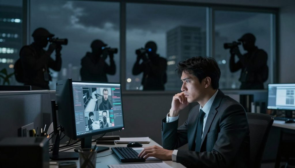 A somber office environment symbolizes the theme of privacy rights violations. In the foreground, a professional-looking individual in business attire sits at a cluttered desk, staring at a computer screen filled with unsettling surveillance graphics that depict intrusive monitoring. The middle layer features office windows, showcasing shadowy figures lurking outside with high-tech gear, representing external surveillance. In the background, a stark contrast of an ominous dark sky and looming buildings reflects a sense of foreboding. Soft but harsh lighting creates a tense atmosphere, with shadows casting across the room, hinting at the invasion of personal space. Use a shallow depth of field to focus on the individual’s worried expression, emphasizing the emotional weight of the situation.