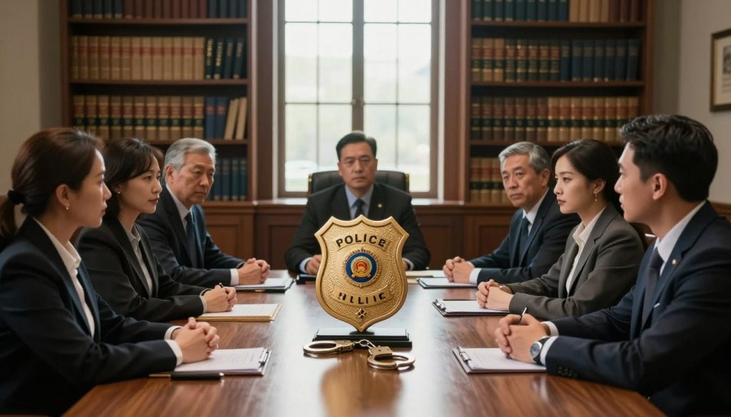 A striking courtroom scene capturing the essence of excessive force laws. In the foreground, a diverse group of legal professionals, dressed in professional business attire, engage in earnest discussion around a large wooden table. Their expressions reflect the seriousness of the subject. In the middle ground, a large scale model of a police badge juxtaposed with a set of handcuffs symbolizes the duality of authority and accountability. Soft, dramatic lighting filters through tall windows, casting a warm glow that emphasizes the tension and gravitas in the room. The background features a grand bookshelf filled with legal texts and case law volumes, creating a scholarly atmosphere. The overall mood is one of solemnity and reflection, focused on justice and ethical considerations in law enforcement practices.