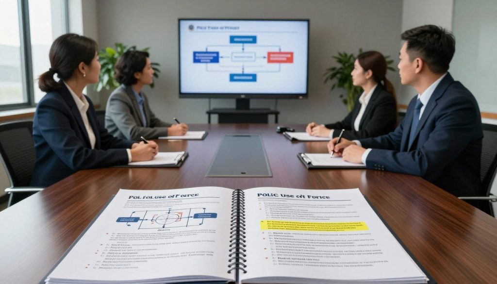 A surreal conference room setting illuminated by soft, natural light streaming through large windows, showcasing a diverse group of four professionals dressed in formal business attire engaged in a serious discussion around a large conference table. The foreground features a detailed, open binder depicting diagrams and bullet-point summaries of police use of force policies, with highlighted sections visually illustrating necessity and proportionality principles. The middle ground shows a digital presentation on a screen, featuring a flow chart of decision-making processes in law enforcement. The background has muted colors, emphasizing a solemn atmosphere conducive to serious debate, with potted plants adding a touch of calmness. The overall mood reflects professionalism and the gravity of the topic being discussed, evoking a sense of responsibility and legal scrutiny.