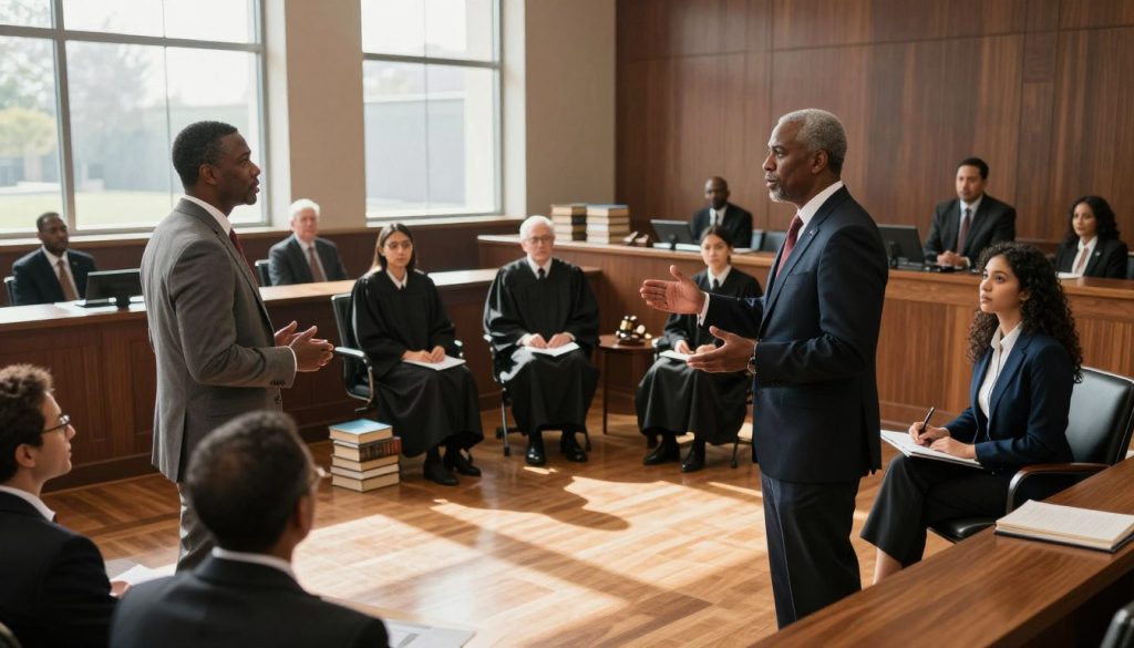 A tense and dynamic scene inside a modern courtroom, where a diverse group of legal scholars and practitioners are engaged in an animated debate over constitutional law, particularly qualified immunity. In the foreground, a middle-aged Black attorney stands confidently, gesturing as he presents his argument. Beside him, a young Latina law student takes notes intently. In the middle ground, a panel of judges listens attentively, surrounded by stacks of legal books. The background features dramatic natural light streaming through tall windows, casting shadows across the polished wooden floors. The atmosphere is serious yet intellectually charged, reflecting the weight of legal discourse and the pursuit of justice, captured from a slightly elevated angle to encompass the entire room.