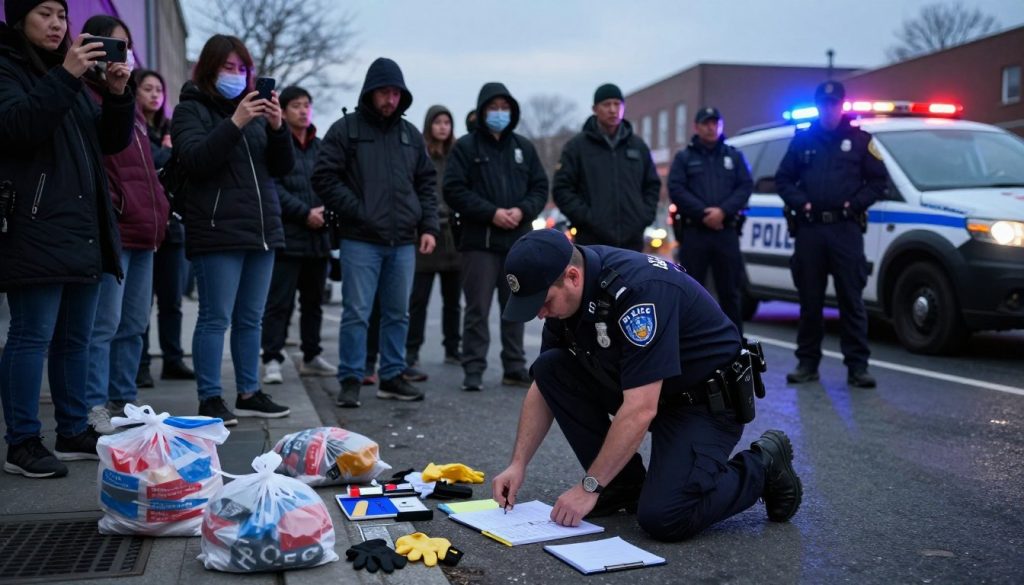 A tense urban scene depicting a police officer in professional attire, collecting evidence at the site of an incident involving excessive police force. In the foreground, the officer kneels, examining the ground closely for any relevant evidence, surrounded by an array of forensic tools like evidence bags, gloves, and note-taking materials. The middle ground features a crowd of concerned citizens, standing at a distance, some recording the event on their smartphones, their expressions a mix of curiosity and unease. In the background, a police vehicle is parked with flashing lights, creating a stark contrast against the muted evening light. The atmosphere is somber and tense, emphasized by overcast skies and low lighting, conveying a sense of urgency and seriousness about the investigation. Use a wide-angle lens to capture the intensity of the scene.