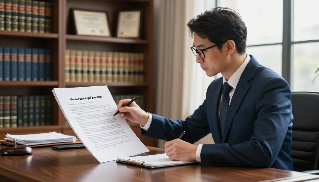 A thoughtful legal professional standing in an elegant office, reviewing a large document titled "Use of Force Legal Standards," displayed prominently on a polished wooden desk. In the foreground, the lawyer, dressed in a tailored navy suit and glasses, actively takes notes and looks contemplative. The middle ground features shelves filled with law books and a framed certificate, emphasizing professionalism and expertise. The background includes large windows that allow natural light to flood the room, casting soft shadows and creating a warm, serious atmosphere. The composition should convey a sense of diligence and complexity, focused on the step-by-step evaluation of legal principles. The lighting is bright yet soft, suggesting an inviting environment for deep thought and analysis.
