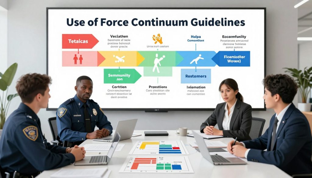 A visually compelling illustration of the "Use of Force Continuum Guidelines." In the foreground, a diverse group of four professionals in business attire, including a police officer, a lawyer, and two community advocates, are engaged in a discussion around a large table covered with various documents and charts depicting force levels. The middle section shows a detailed, layered infographic displaying the continuum of force, transitioning from verbal commands to physical restraint, designed in an engaging color palette. In the background, a modern office setting with large windows allows natural light to filter in, creating a bright, professional atmosphere. The scene conveys a sense of unity and collaboration, highlighting the importance of developing comprehensive policies and accountability frameworks.