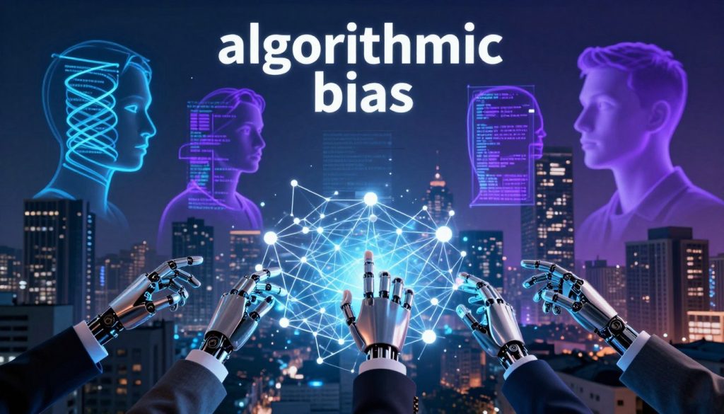 A visually striking representation of "algorithmic bias" in a digital landscape. In the foreground, a series of robotic hands interact with a glowing, fragmented digital network symbolizing data manipulation, adorned in professional business attire. The middle ground features abstract representations of biased algorithms—twisting lines of code and distorted faces symbolizing unfair outcomes, illuminated by soft neon lights in shades of blue and purple. The background displays a city skyline blending technology and traditional architecture, casting shadows that suggest disparity. The scene is bathed in moody, high-contrast lighting, evoking a sense of urgency and caution. The overall atmosphere reflects the tension between innovation and civil rights, prompting viewers to contemplate the impact of technology on society.