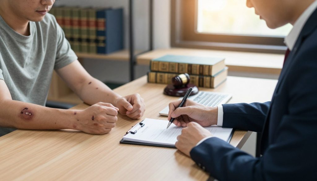 In a well-lit office setting, a diligent legal professional documents injuries sustained by an individual, who is seated across the table. The individual, dressed in modest casual clothing, displays visible bruises and scrapes on their arms, while the legal professional, in a sharp suit, meticulously records details in a notepad. The background contains law books and a computer, emphasizing a professional atmosphere. Natural light filters through the window, casting a warm glow on the scene. The camera angle is slightly elevated, capturing the intensity and seriousness of the moment, highlighting the importance of accountability in law enforcement. The mood is somber yet hopeful, reflecting the essence of justice and advocacy.